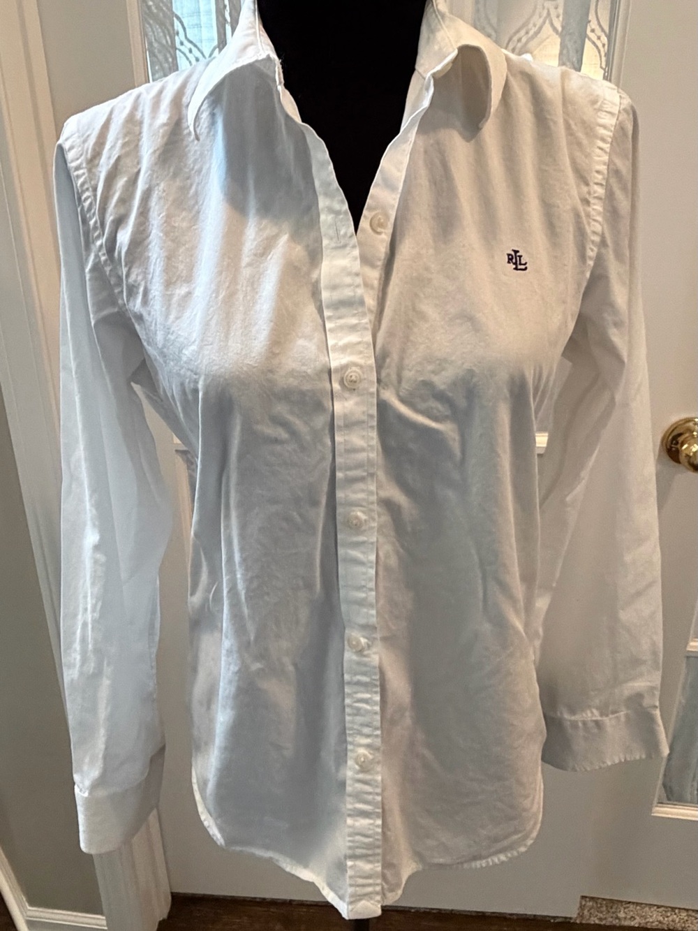 Ralph Lauren White Button-Down Cotton Shirt with Navy Embroidered Logo Size med - Picture 3 of 12